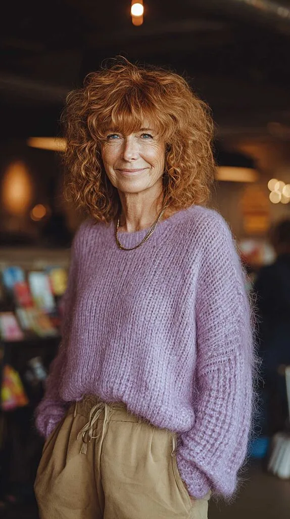 Copper red shoulder-length curly shag with loose curls