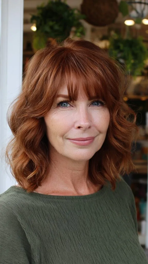 Copper Shoulder-Length Lob with Soft Micro-Bangs and Crown Lift