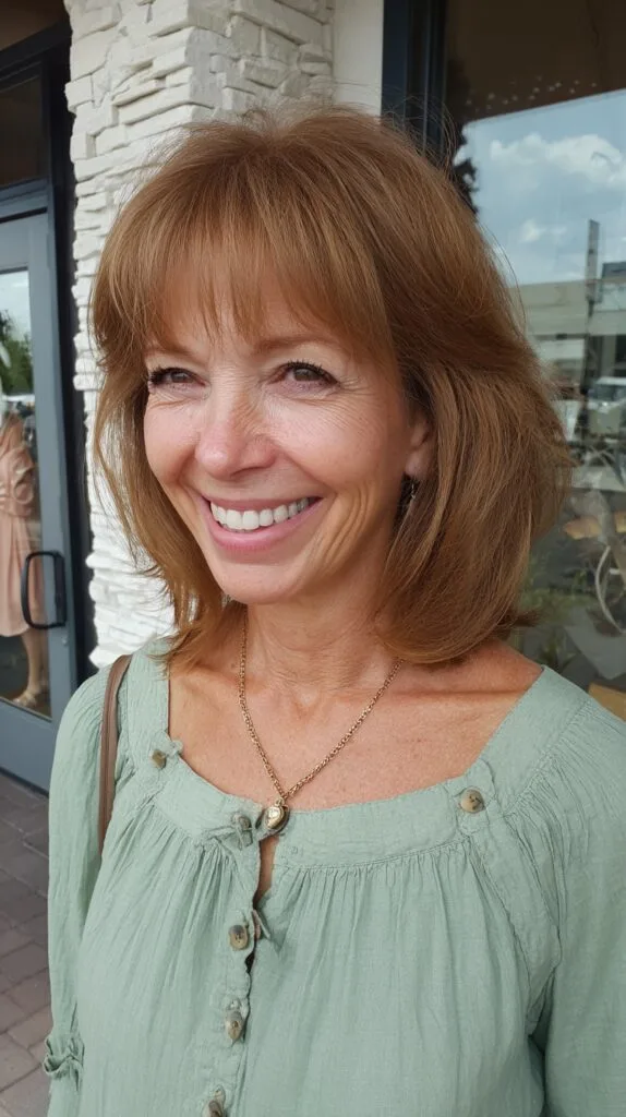 Copper Tone Shoulder-Length Bob with Light Wispy Bangs