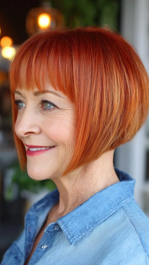 Crisp Copper Angled Bob with Blunt Micro-Bangs