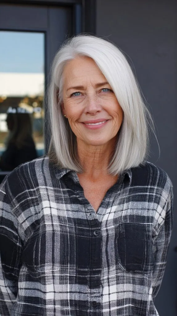 Crisp Silver Shoulder-Length Lob with Gentle Face-Framing