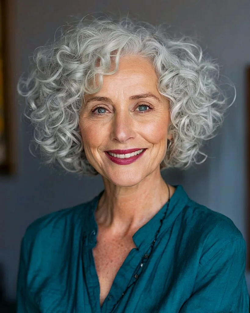 Cropped silver-gray curly bob for older women with voluminous tight curls