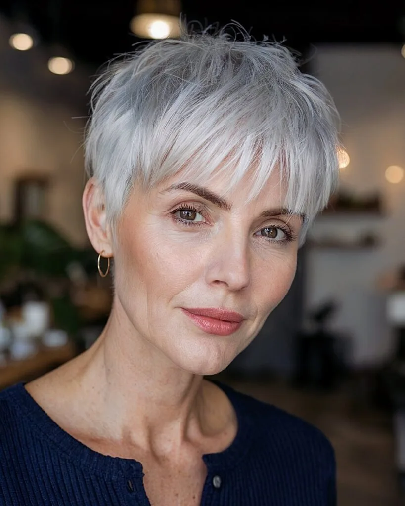 Cropped silver pixie haircut with soft textured bangs for fine thin hair on women over 50