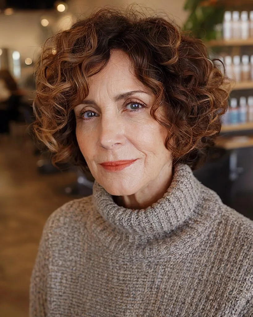Curly bob hairstyle for older women with warm brown balayage and defined ringlets for depth
