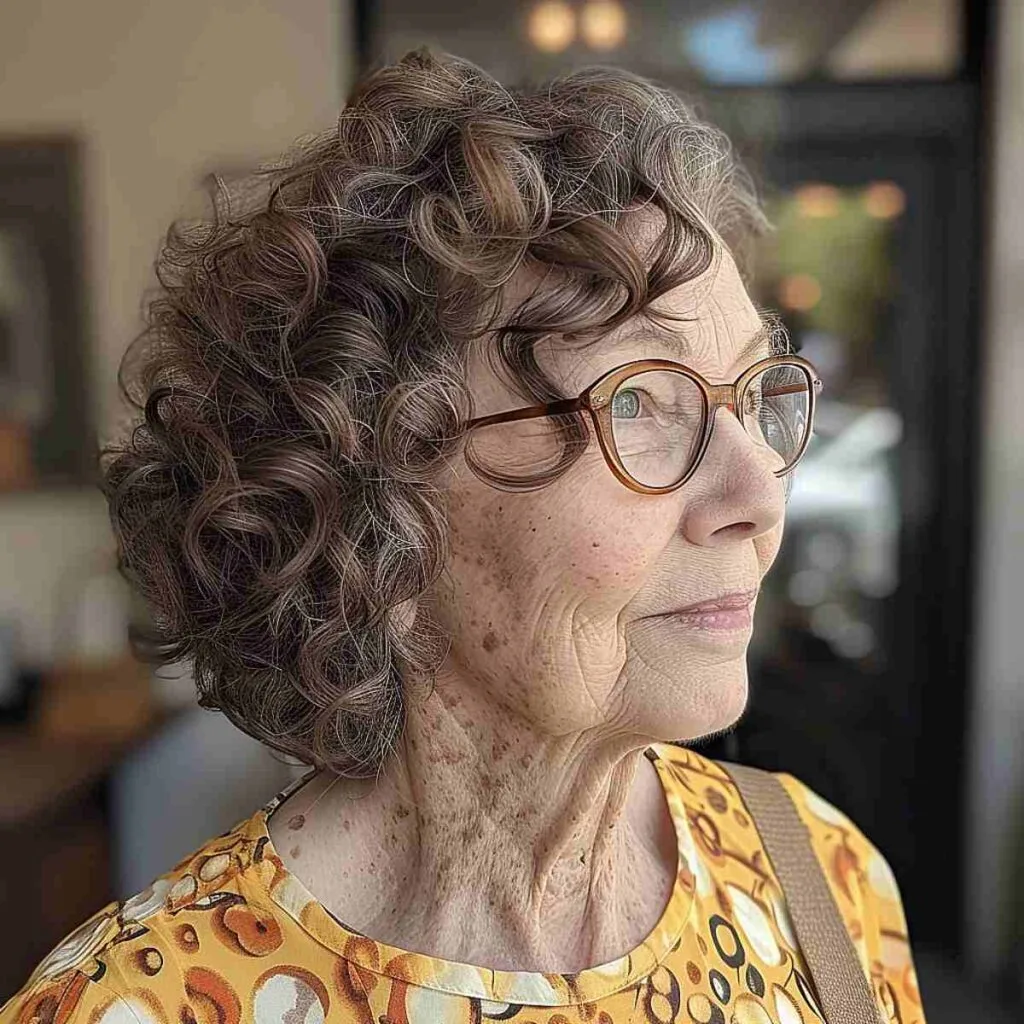 Curly Bob Hairstyle for women over 60 with Glasses