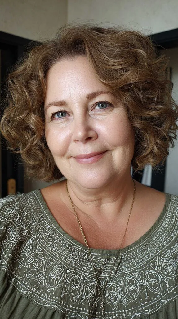 Curly chestnut layered bob on woman over 50