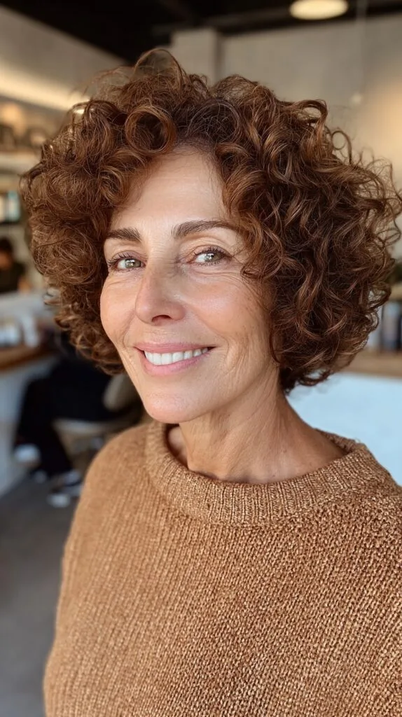 Curly Chestnut Rounded Bob with Sculpted Crown