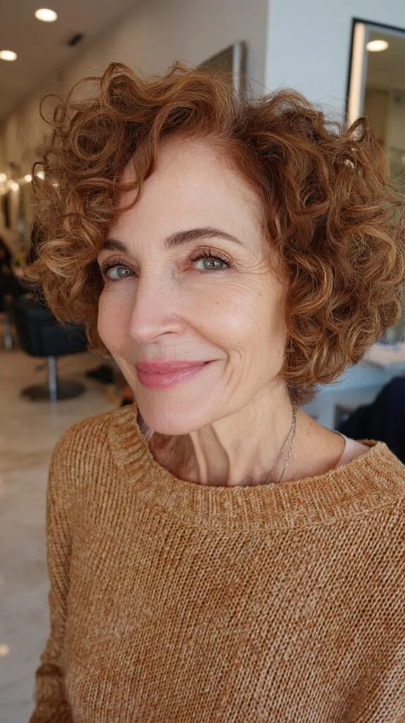 Curly Copper Chin-Length Italian Bob with Interior Graduation