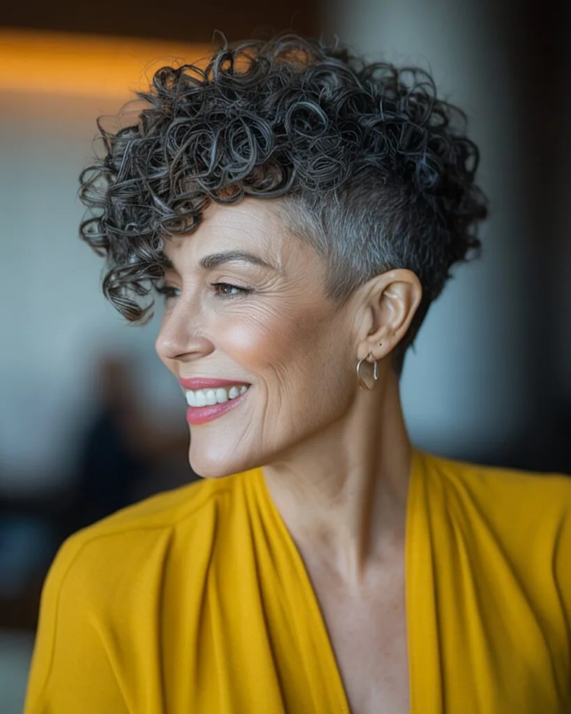Curly pixie with tapered sides and voluminous top for bold women over 50 with curls