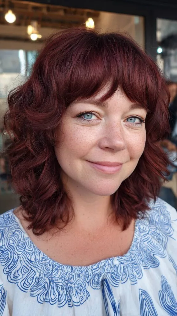 Curly Red Mid-Length Cut with Soft Bangs