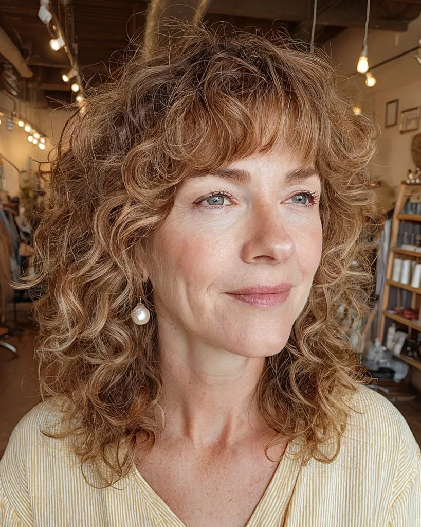 Curly shoulder-length hairstyle with wispy bangs for over 50 women wanting softness and shape