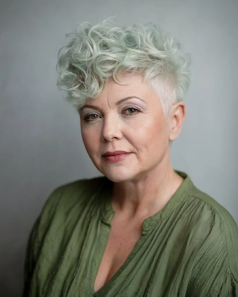 Curly undercut pixie with pearl white color for older women and voluminous top