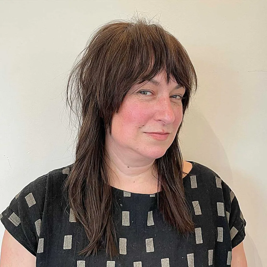 Dark brown shag with heavy fringe and choppy layers