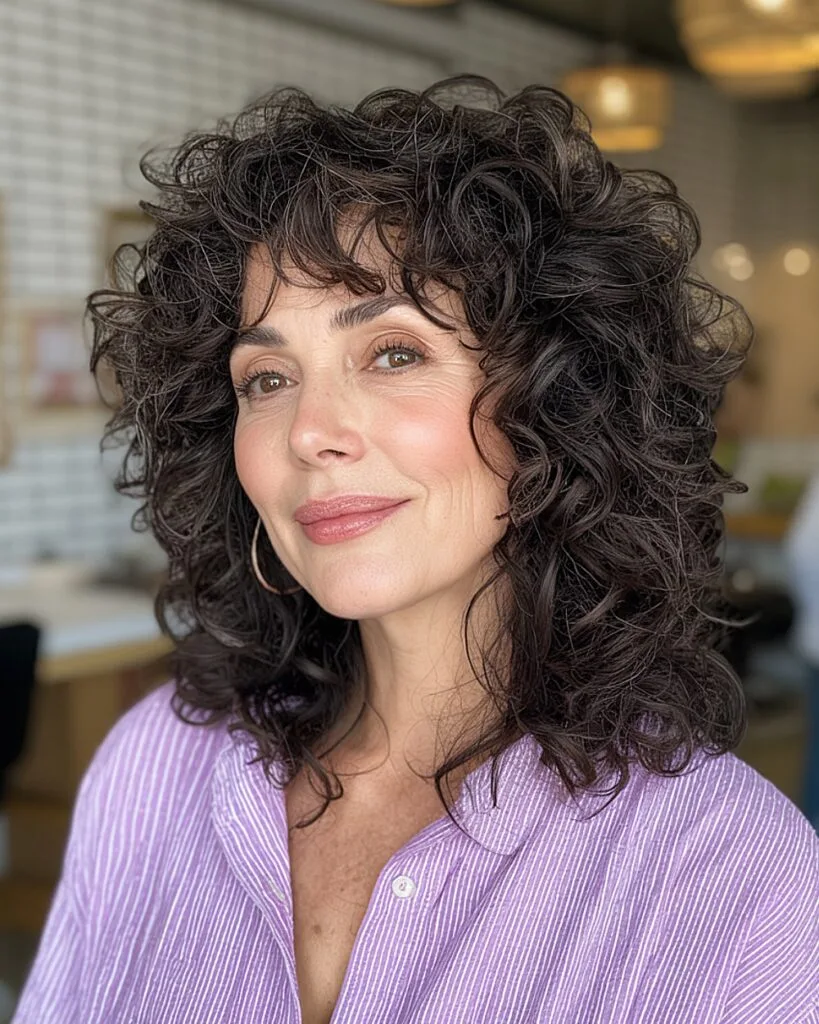 Dark brunette curly shag haircut with bangs and layers for women over 50 with thick curls.