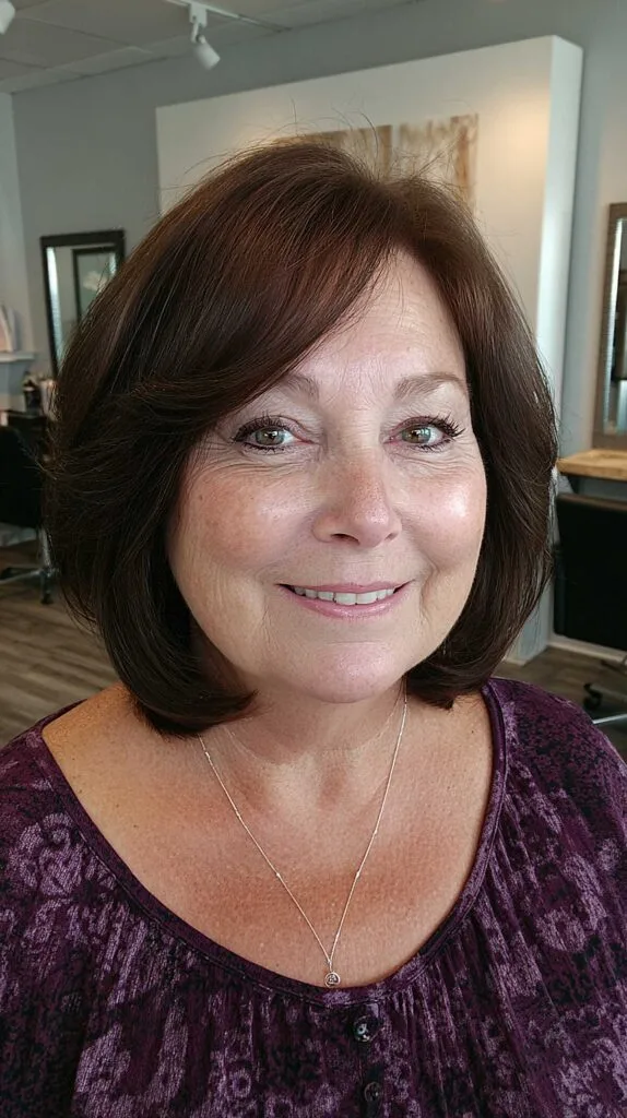 Dark brunette layered bob with feathered side layers