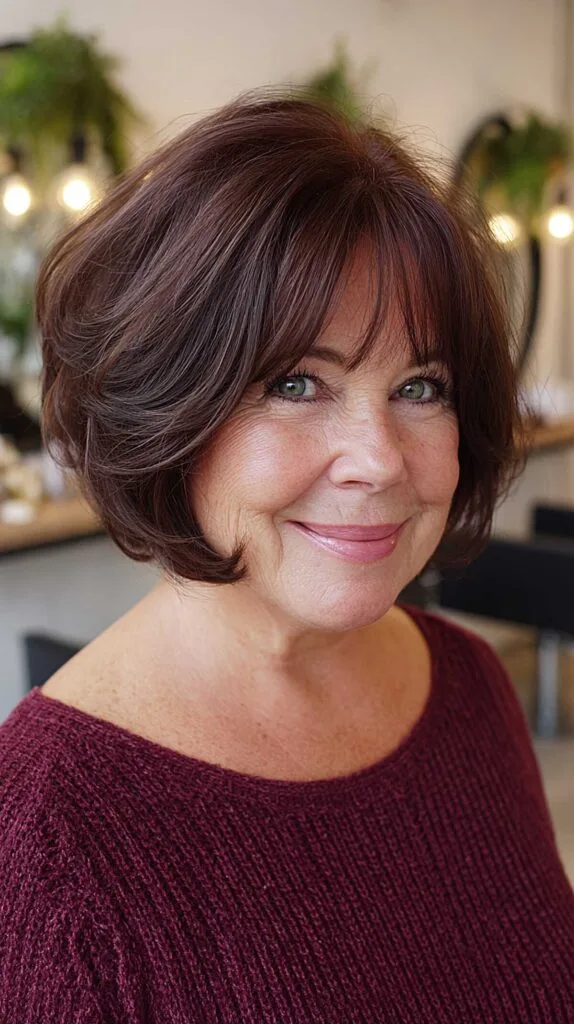 Dark brunette layered bob with subtle plum tones