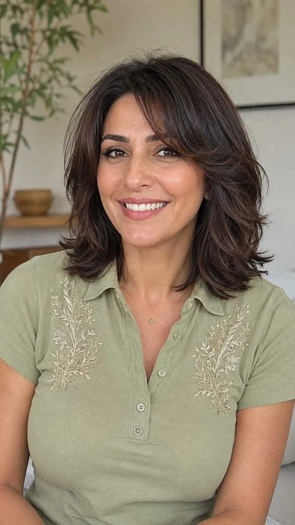 Dark brunette layered lob with bouncy natural movement