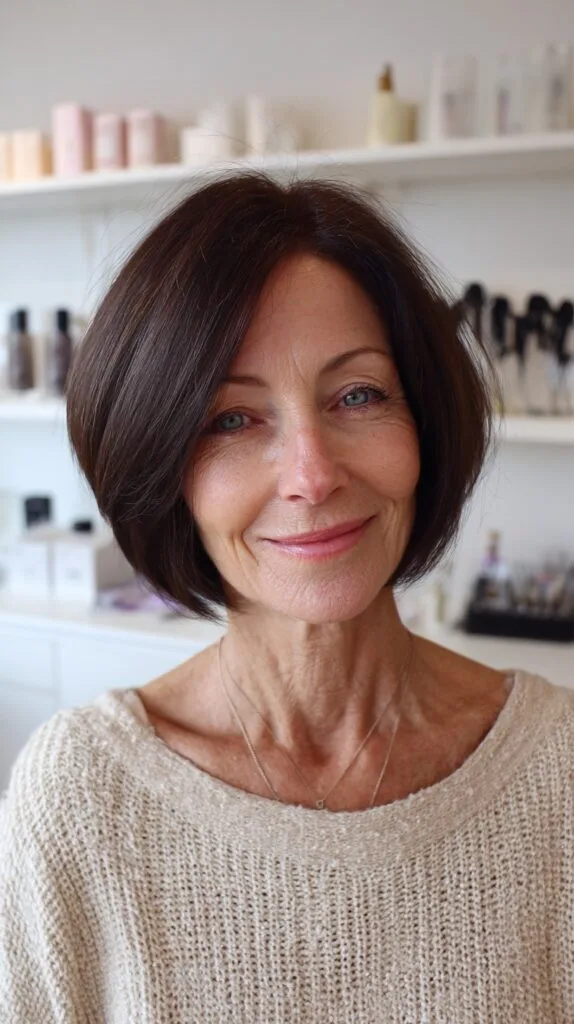 Dark Brunette Rounded Chin-Length Bob with Soft Interior Graduation