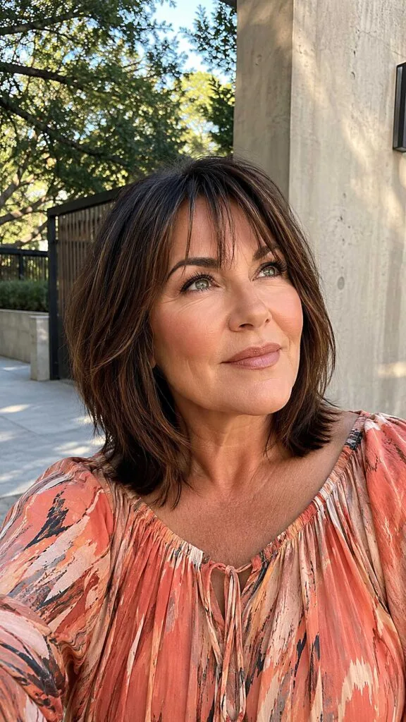 Dark brunette textured lob with soft wispy bangs
