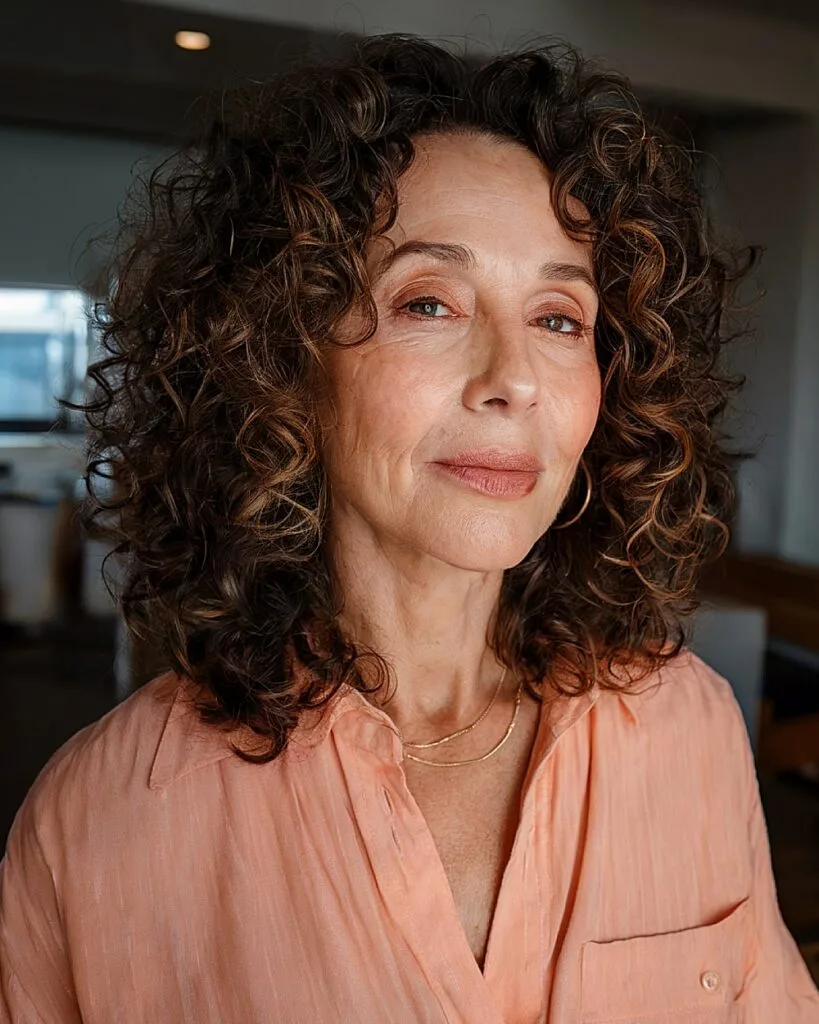 Dark brunette tousled curly lob for mature women who prefer a loose, natural curl shape