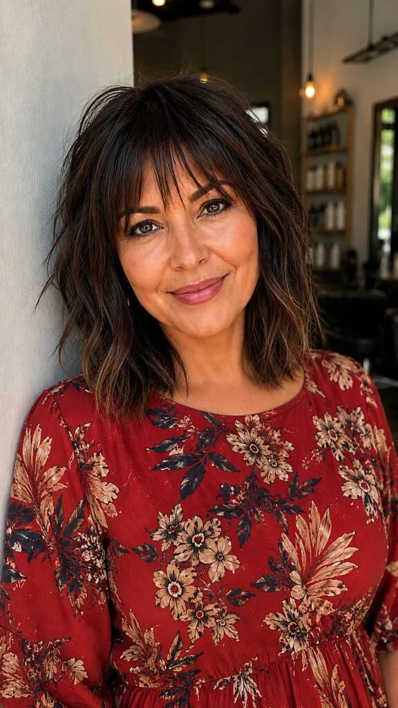 Dark brunette wavy lob with shaggy curtain bangs