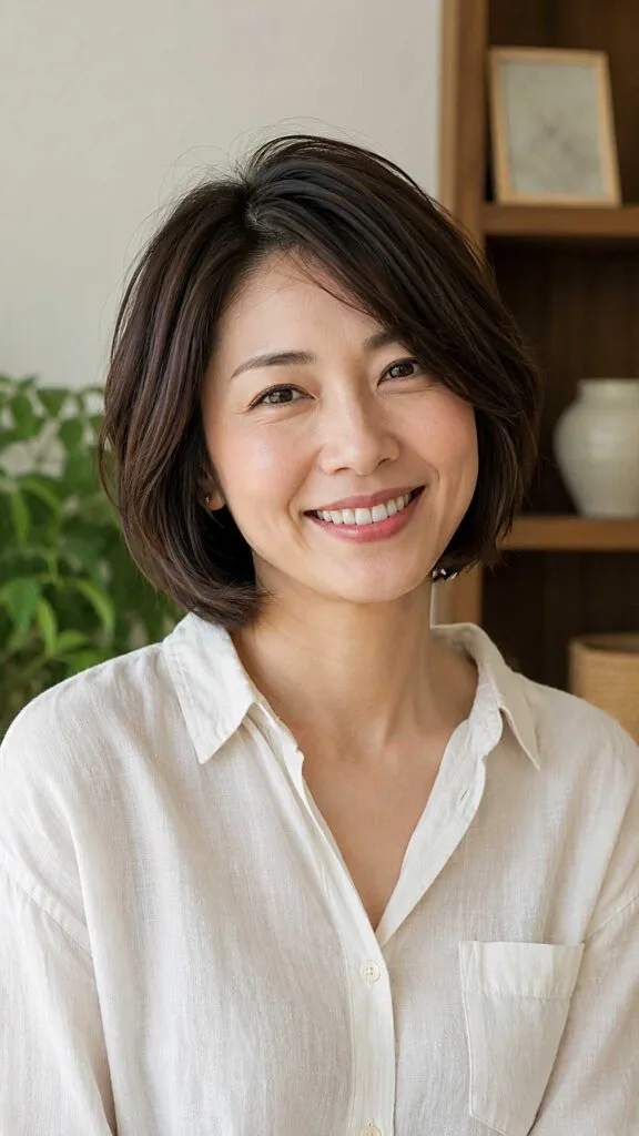 Dark chin-length bob with soft side part and layers