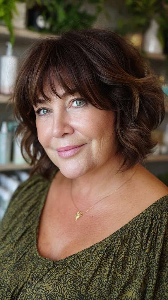 Dark chocolate layered shag bob with curtain bangs