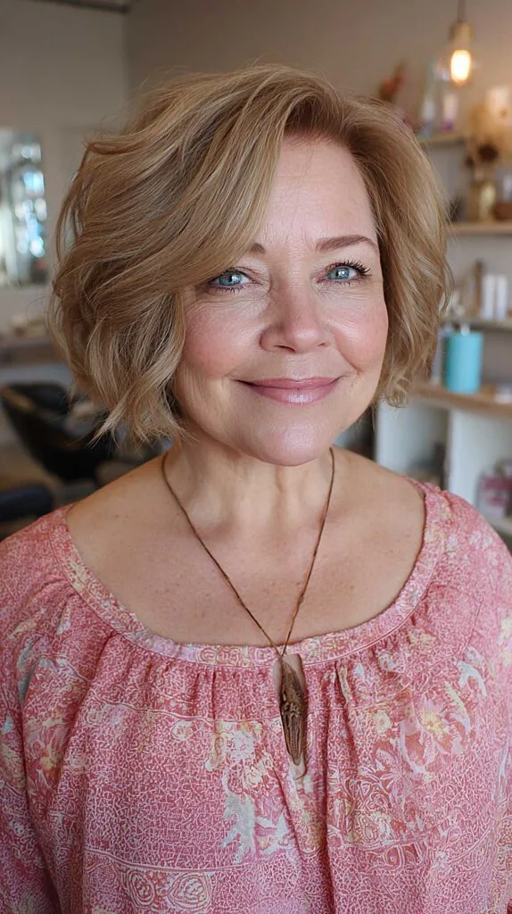 Dark golden blonde layered bob with soft textured waves