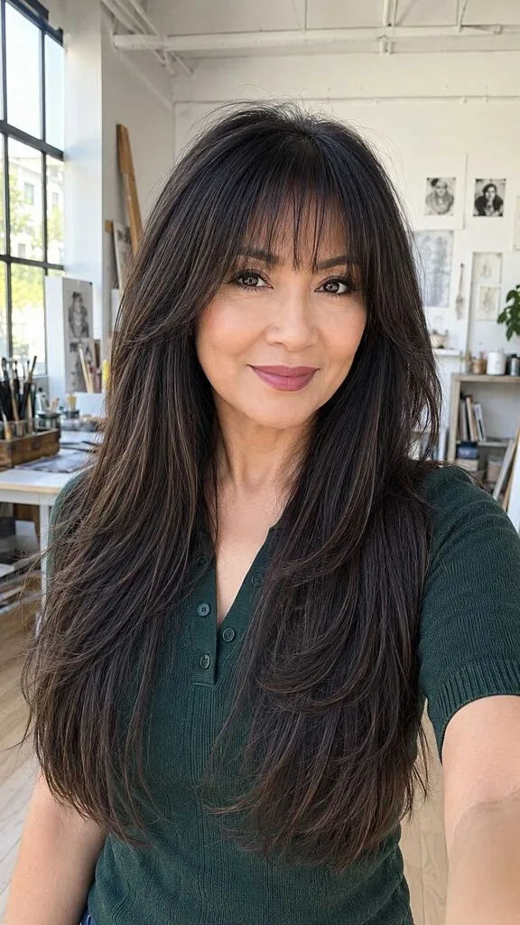 Deep Espresso Layers with Soft Arched Bangs