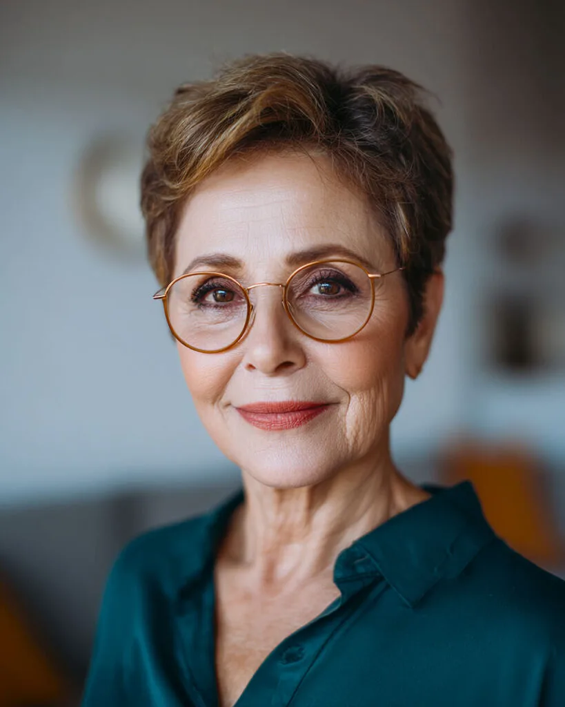 Defined pixie haircut for fine hair over 50 with curved volume and root-lifted crown