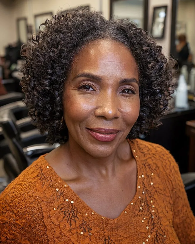 Defined ringlet curls in a short round cut for women over 50 with natural tight curls