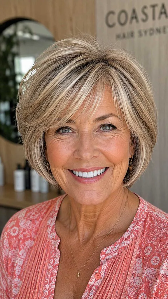 Dimensional blonde pixie bob with curtain fringe layers