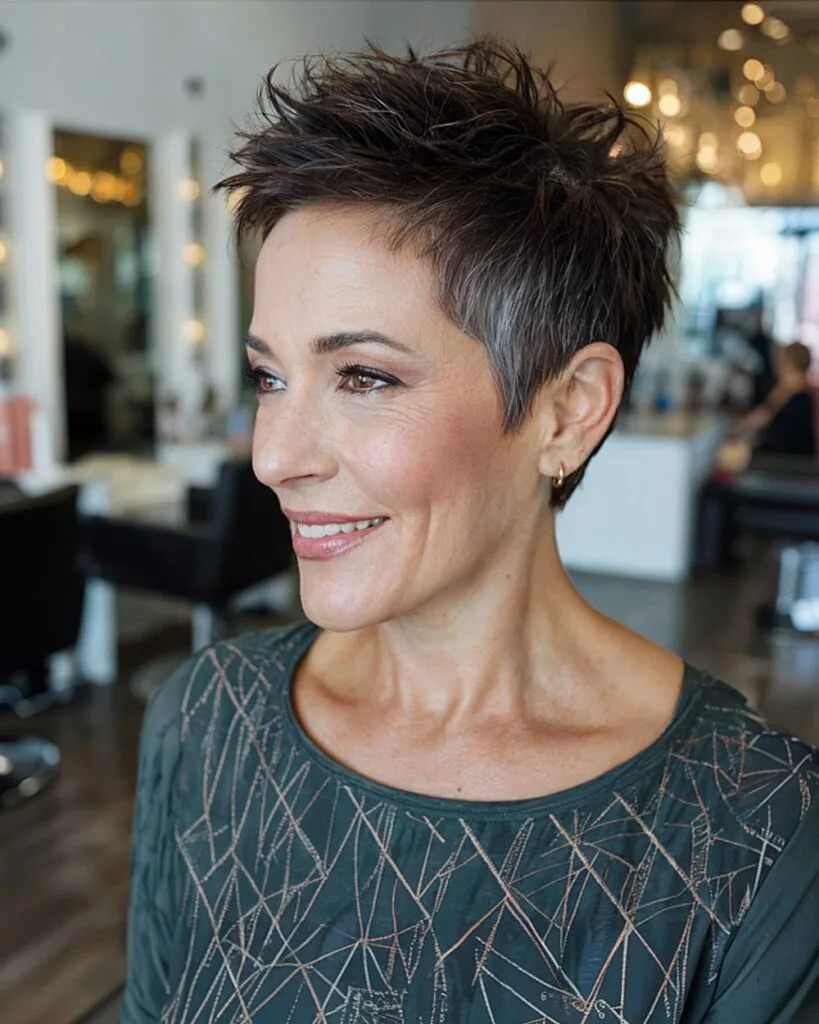 Edgy piecey spiked pixie for older women with dark hair and gray highlights