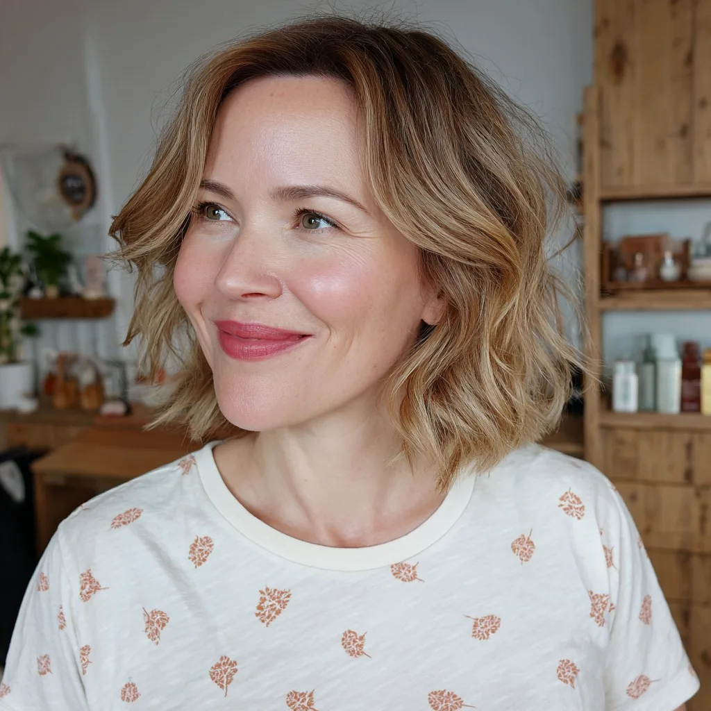 Effortlessly Chic Textured Midi Bob with Subtle Waves