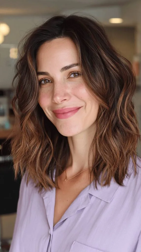 Effortlessly Chic Wavy Lob with Subtle Highlights