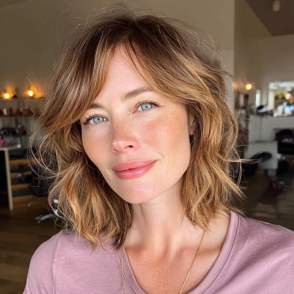 Effortlessly Tousled Shaggy Bob with Soft Bangs