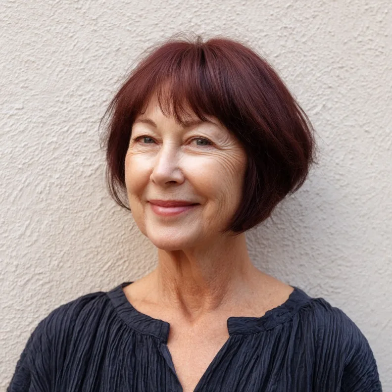 Elegant Burgundy Chin-Length Bob with Soft Fringe