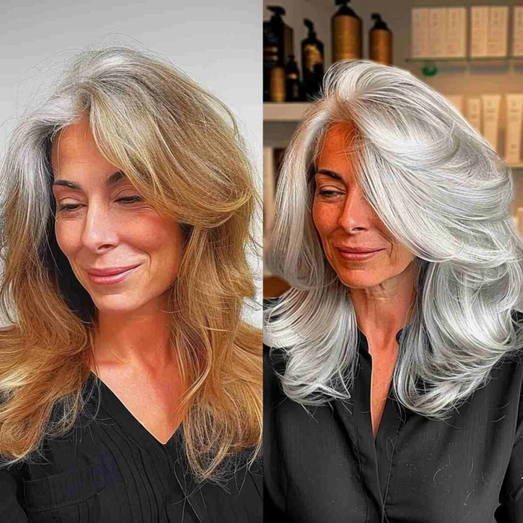 Elegant Grey Balayage Transformation for Mid-Length Feathered Hair and Women Aged 40