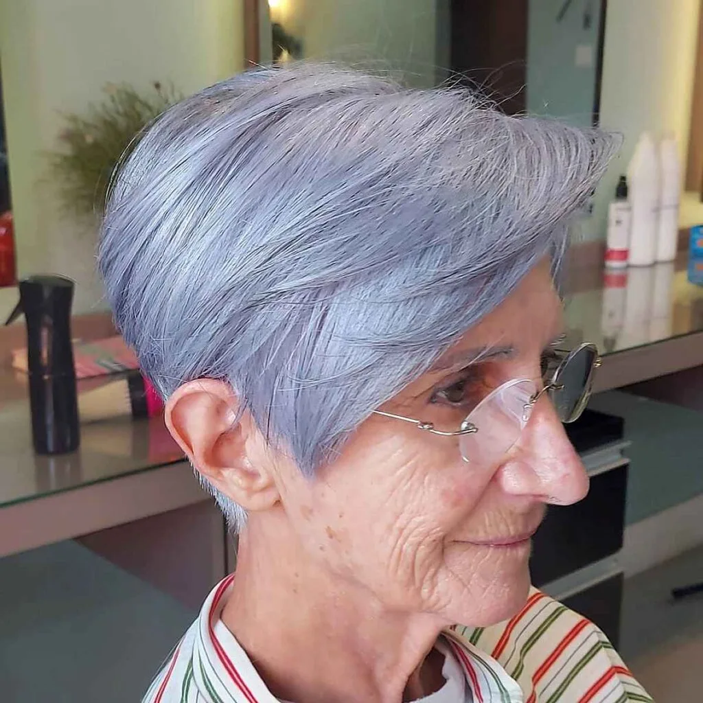 Elegant Grey Long Pixie Cut with Fringe for 60-year-olds