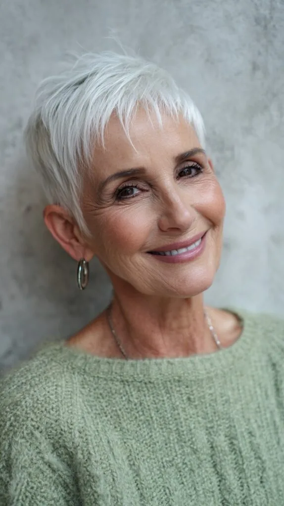 Elegant Icy White Feathered Pixie for Mature Hair