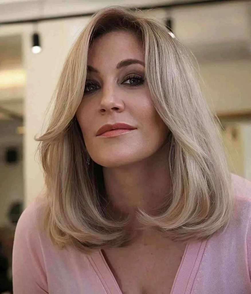 Elegant Mid-Length Blonde Hairstyle for Women Aged 40