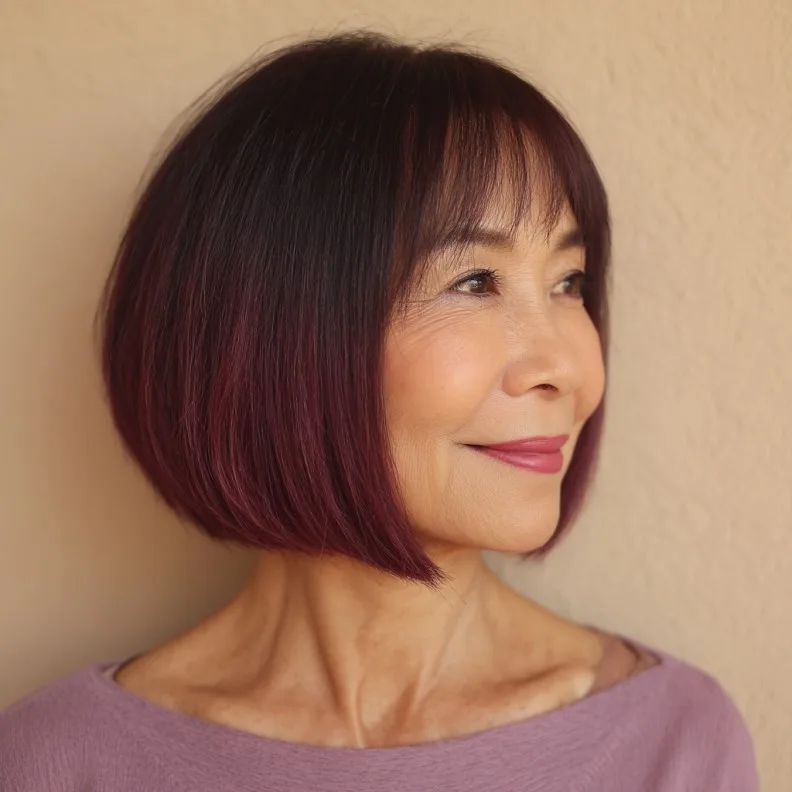 Elegant Red Wine Bob with Soft Fringe