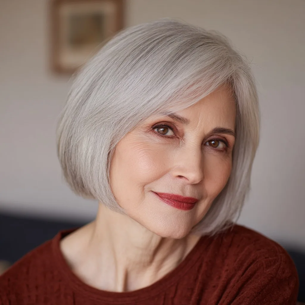 Elegant Silver Blunt Bob with Soft Textured Ends