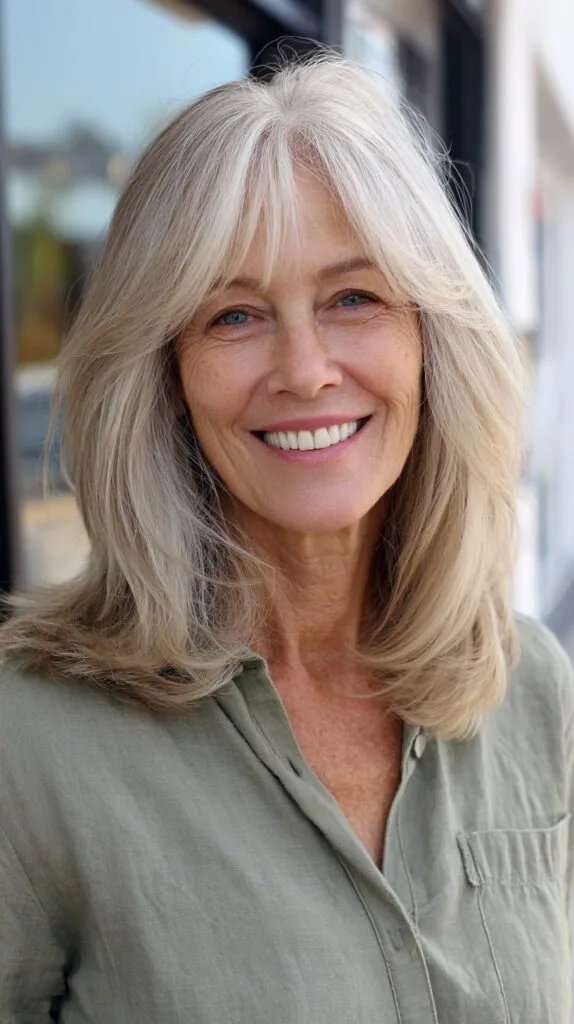 Elegant Silver Layered Flow with Soft Bangs