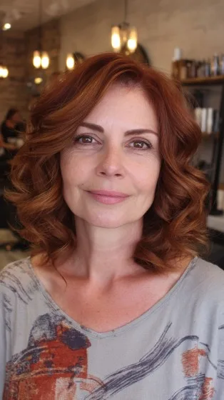 Elegant Soft Curls with Rich Auburn Highlights