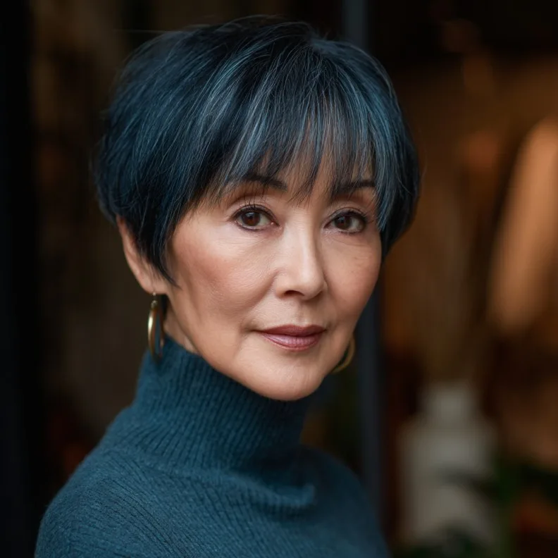 Elegant Textured Long Pixie with Subtle Blue Highlights