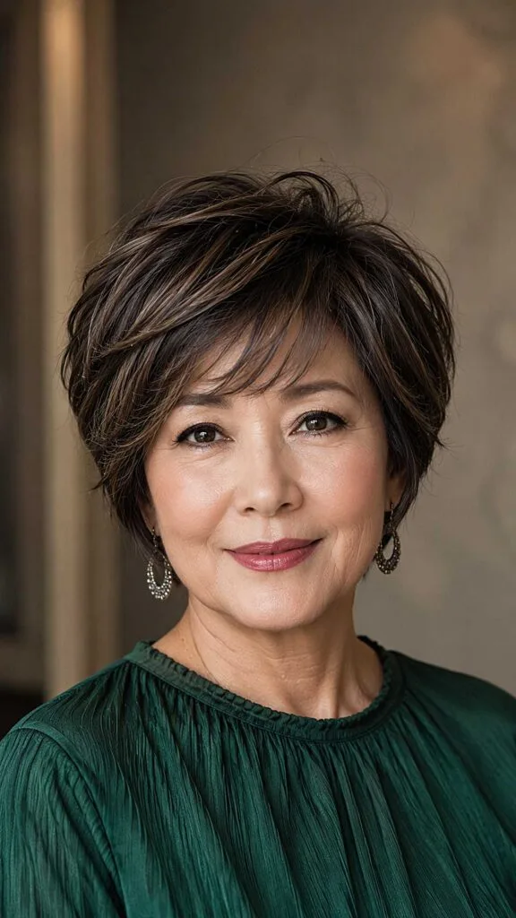 Espresso brown textured pixie bob with subtle highlights