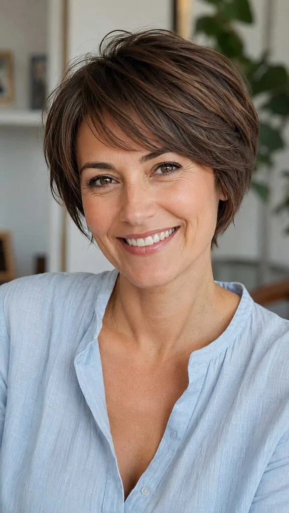 Feathered brunette pixie cut with side-swept bangs