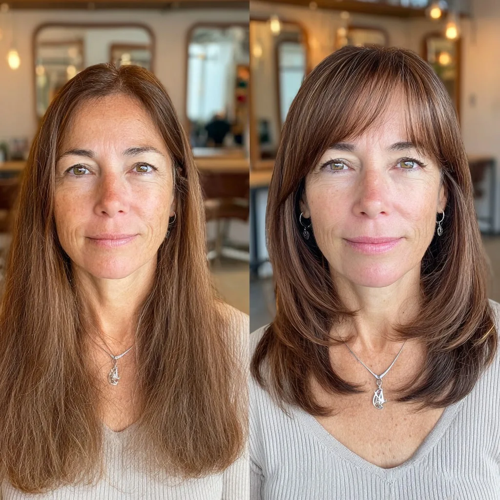 Feathered Chest-Length Cut with Long Side Bangs and Face-Framing Highlights