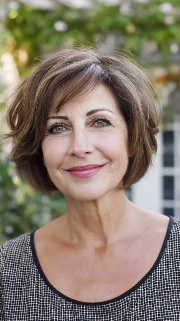 Feathered Chestnut Stacked Bob with Side-Swept Micro-Fringe